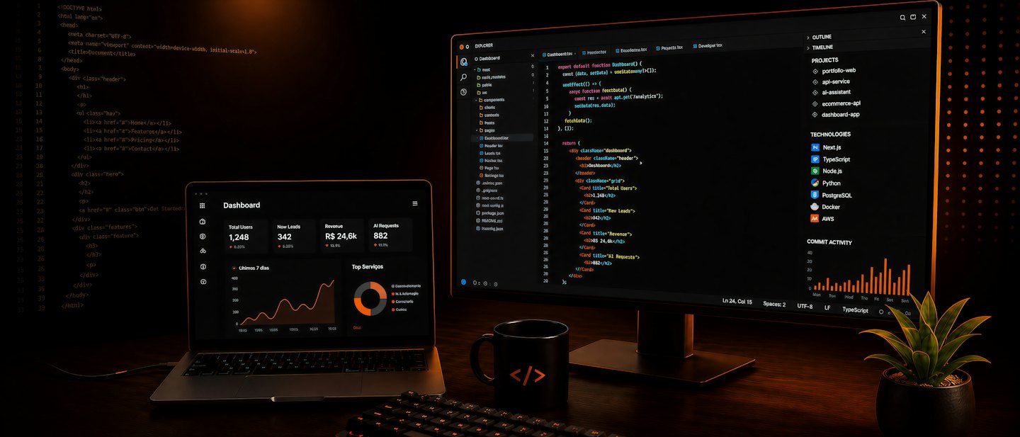 Laptop dashboard beside a monitor full of code on a dark desk