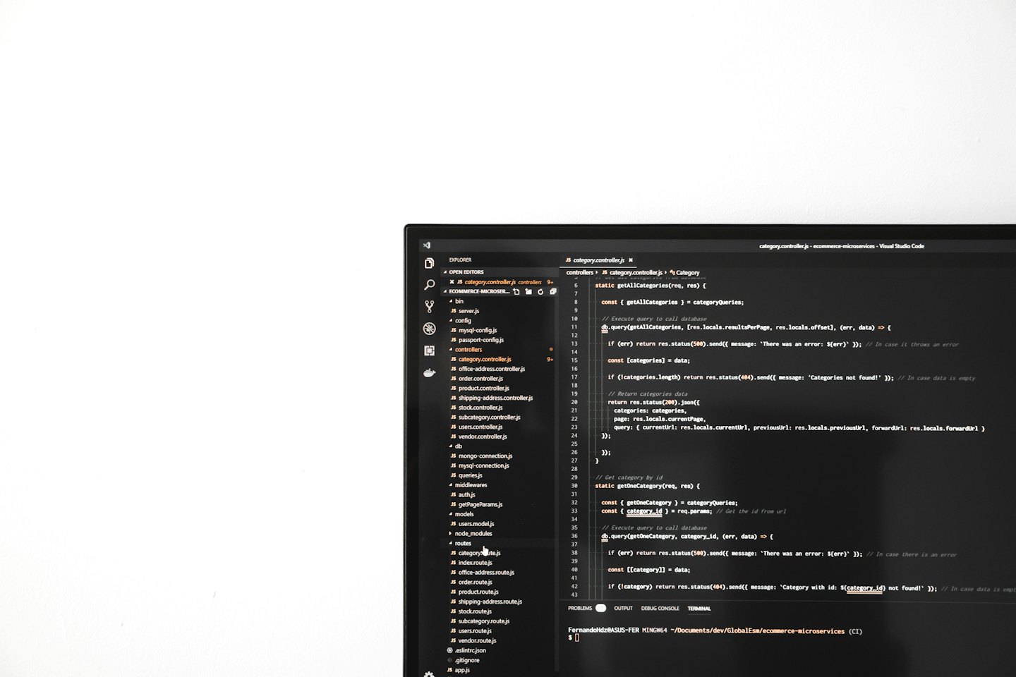 Visual Studio Code open on an ecommerce controller