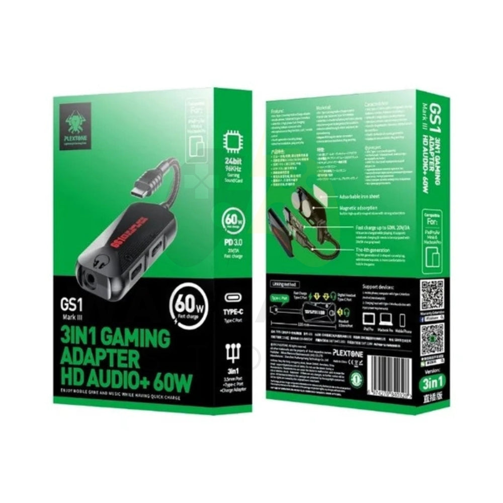 PLEXTONE GS1 Mark III Type-C 3-in-1 Gaming Adapter – 3.5mm Audio & 60W Charging