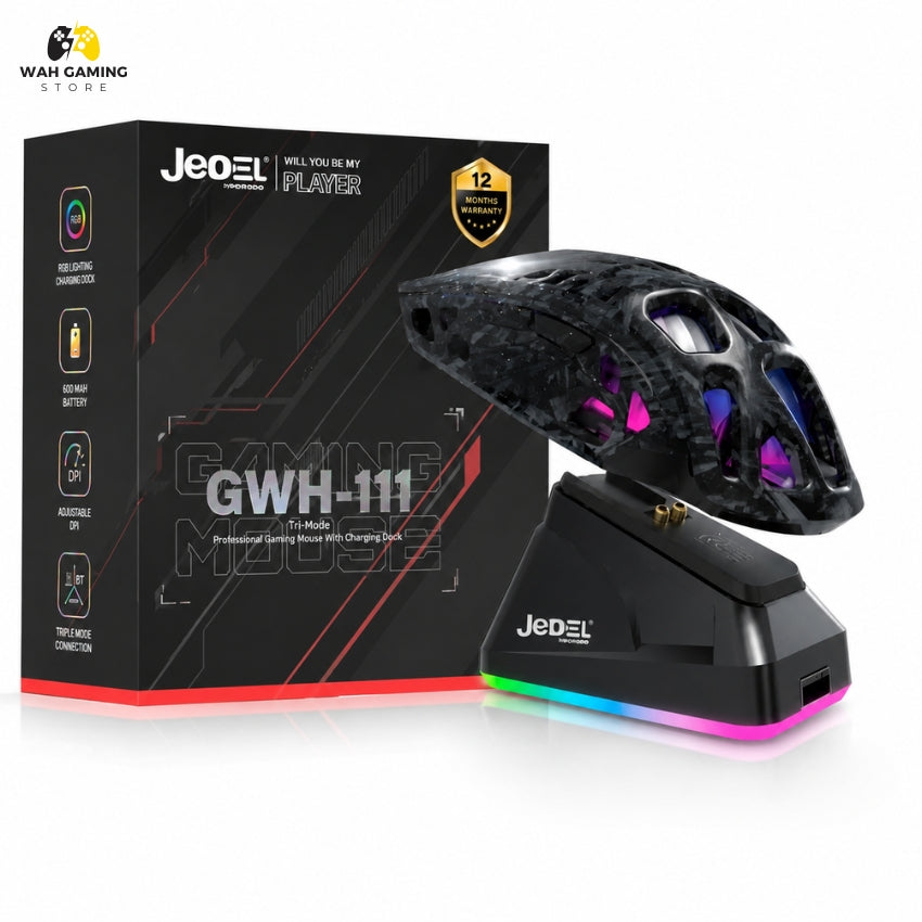 Jedel GWH-111 6D Triple Mode Professional Gaming Mouse with Charging Dock – Wireless RGB Gaming Mouse with PAW3311 Sensor, 12000 DPI & 1000Hz Polling Rate