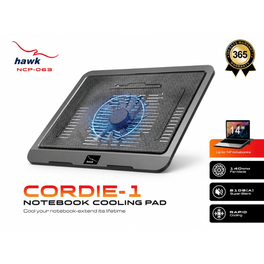 Hawk Cordie-1 NCP-063 14-Inch Laptop Cooling Pad with Metal Mesh & USB Powered Fan