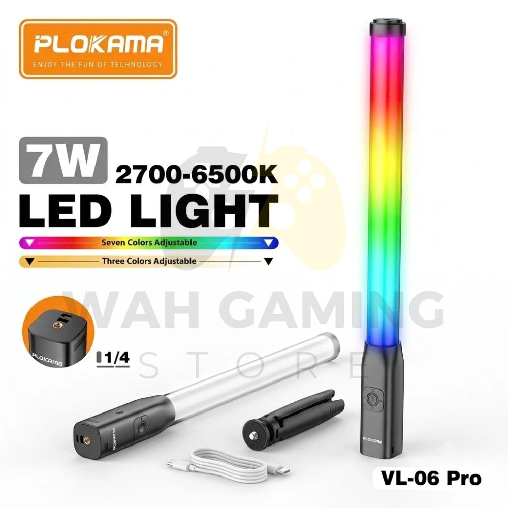 Plokama VL-06 Pro RGB LED Light Stick | 7W Rechargeable Handheld Video Light With Soft Light Panel - Built-In 2000mAh Rechargeable Battery & USB Type-C Charging